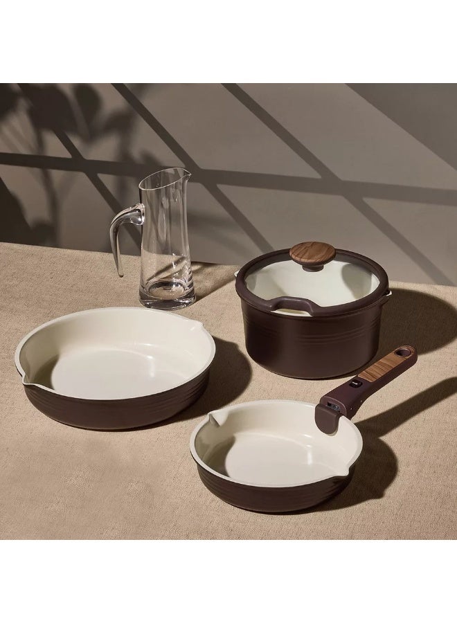 Carote 10-Piece Ceramic Nonstick Cookware Set with Detachable Handle, PFAS-Free Healthy Cooking Pots & Pans, Stackable Design with Pour Spouts, All-Stovetop Compatible, Dishwasher Safe (Chocolate) - Image 5